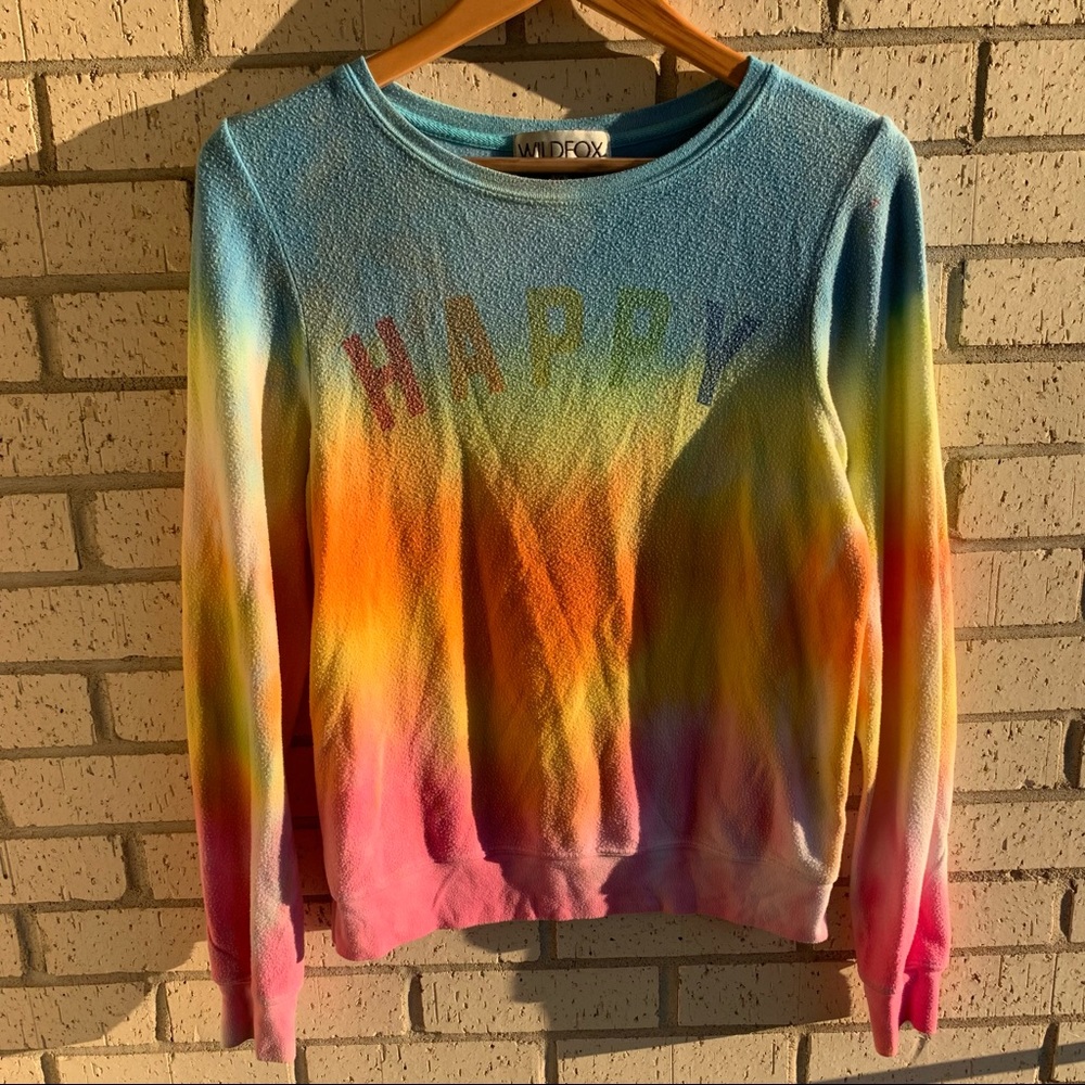 Wildfox Rainbow Happy Tie Dye Pullover Sweater Sweatshirt XS